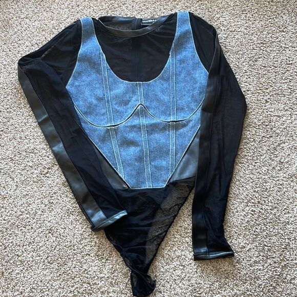 MANIÉRE DE VOIR DENIM CORSET MESH BODYSUIT - Picture 7 of 13